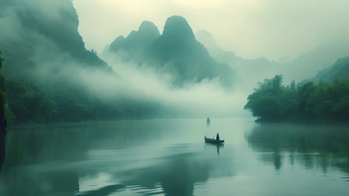 桂林山水风景山脉河流船薄雾喀斯特景色2