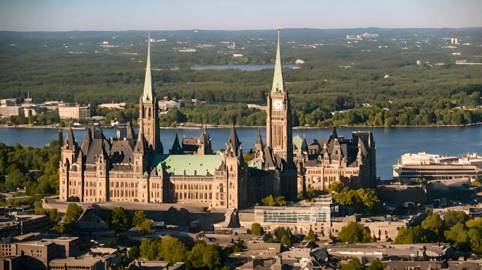 渥太华市中心与国会山的空中俯瞰图