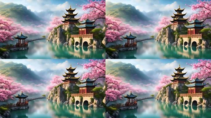 山间寺庙庙宇中式建筑粉色樱花