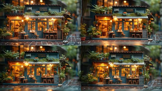 微缩模型咖啡馆灯光窗户户外座位遮阳篷街道