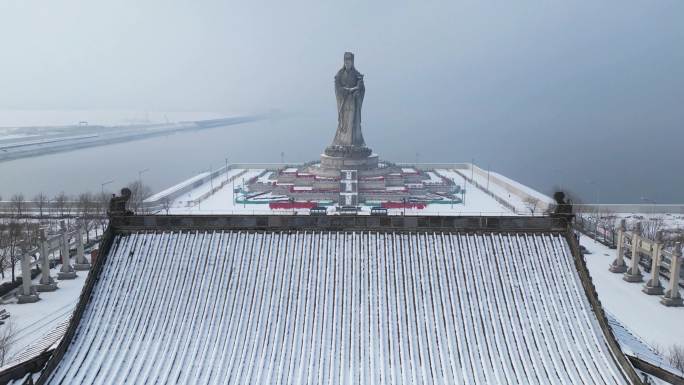 大雪过后的天津滨海新区妈祖文化园航拍
