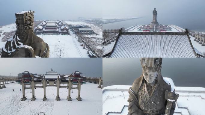 大雪过后的天津滨海新区妈祖文化园航拍