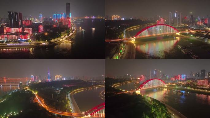 湖北武汉汉江晴川桥南岸嘴江滩公园航拍夜晚
