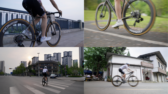 公园街道骑行 斑马线骑行多镜头视角 修车