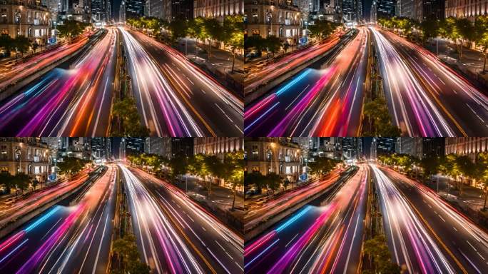 大城市夜间高速行驶的明亮运动延时