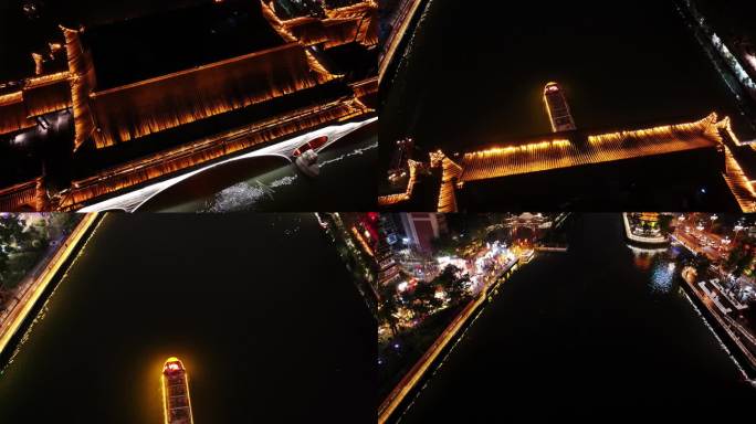 4K航拍成都九眼桥安顺廊桥夜景游船