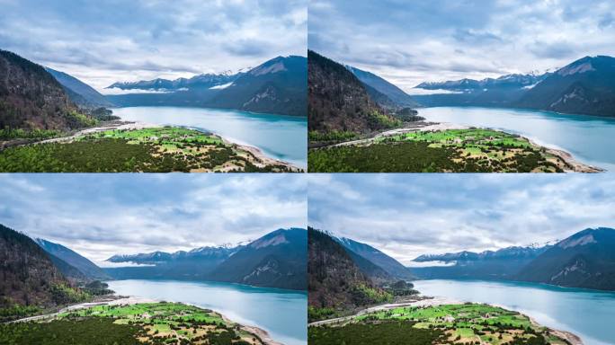 西藏林芝巴松措高山湖泊绿树自然风景航拍