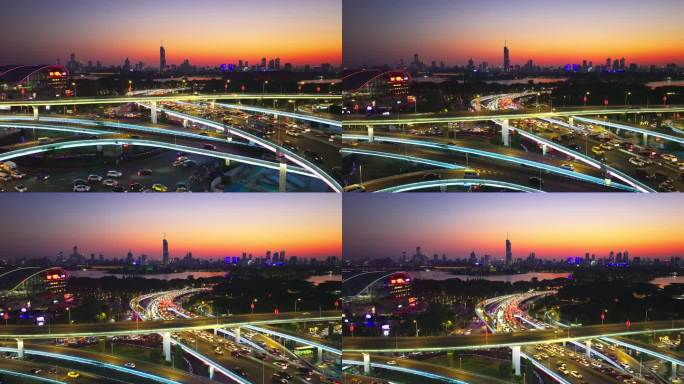 南京高架桥交通枢纽日落航拍