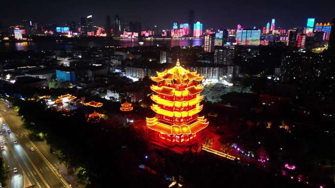 武汉地标黄鹤楼环绕夜景航拍