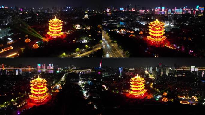 武汉地标黄鹤楼环绕夜景航拍