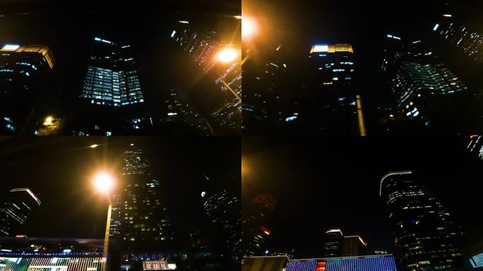 北京夜晚CBD仰拍高楼大厦路灯流光 溢彩