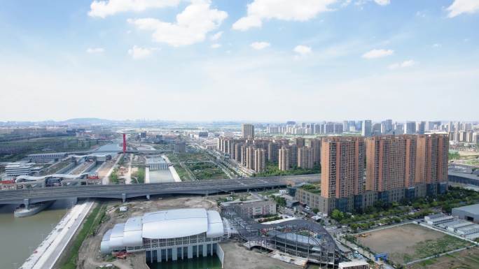 杭州下沙路高楼大厦城市风景航拍