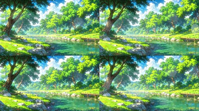 4K唯美梦幻卡通油画手绘生态自然绿色背景