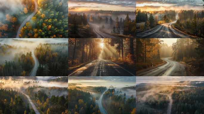 秋天森林航拍 雾气森林 公路汽车广告片头