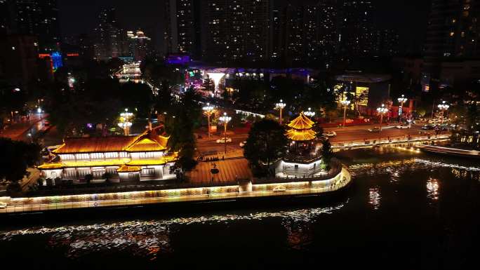 4K航拍成都九眼桥安顺廊桥夜景游船