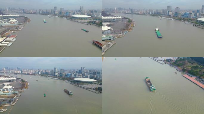上海黄浦江上面的游船船只船舶视频素材航拍