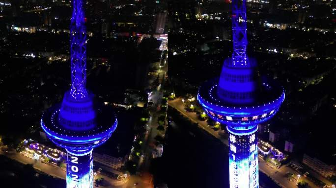 四川德阳旌阳区德阳之星电视塔夜景竖拍航拍