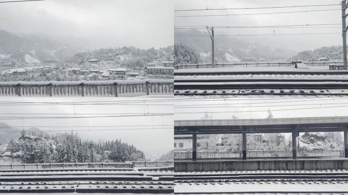 原创高铁上实拍下雪雪地村庄阴郁氛围风景
