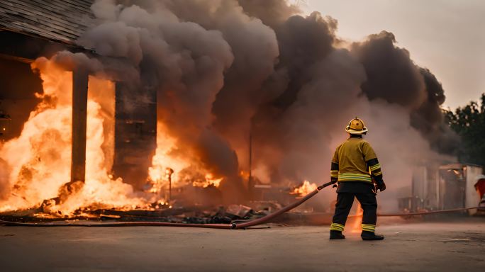 消防队员在一场工业火灾中扑灭大火