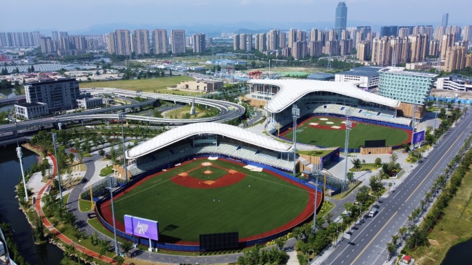4k航拍绍兴棒垒球体育文化中心