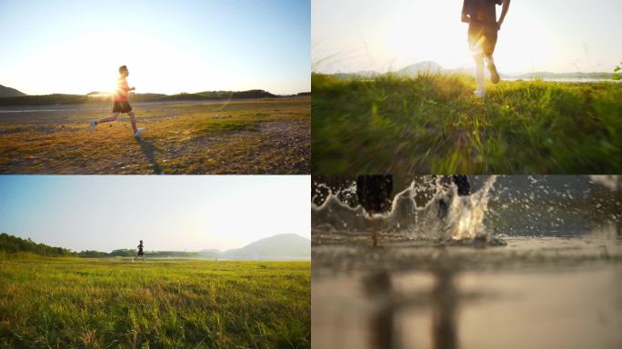 跑跑步奔跑阳光逆光脚步步伐跑步慢动作