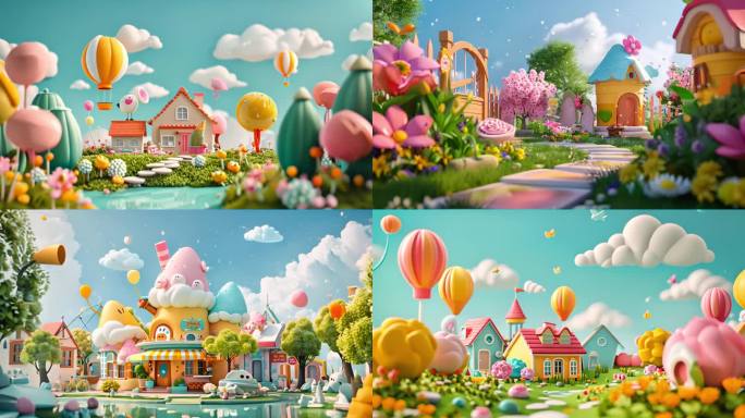 儿童节可爱3D背景，气球糖果屋卡通