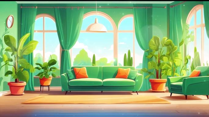 4K唯美梦幻卡通油画手绘大厅室内沙发背景