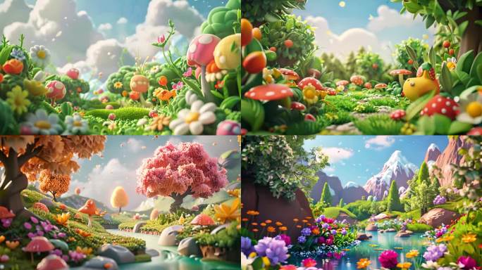 彩色树林鲜花风景卡通动画背景