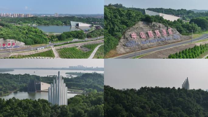 武汉江夏中山舰旅游区全貌外景航拍风景长焦