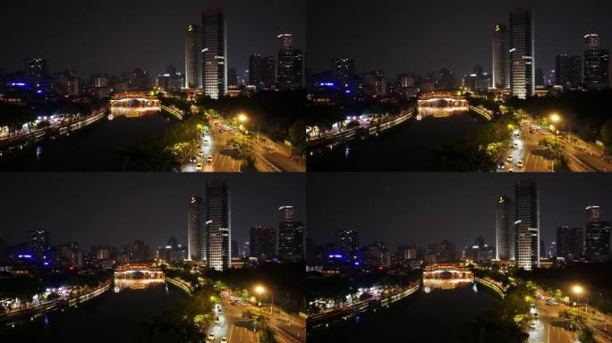 4K航拍成都九眼桥安顺廊桥夜景游船