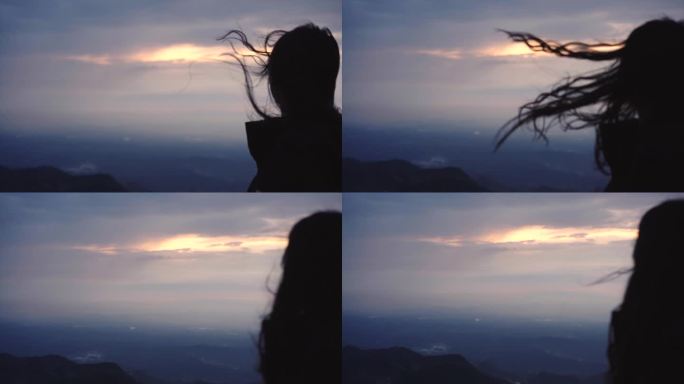 山顶少女惆怅背影夕阳光影