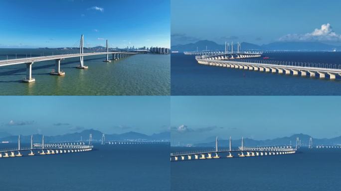 4K航拍蓝天白云下蓝色海洋中的港珠澳大桥