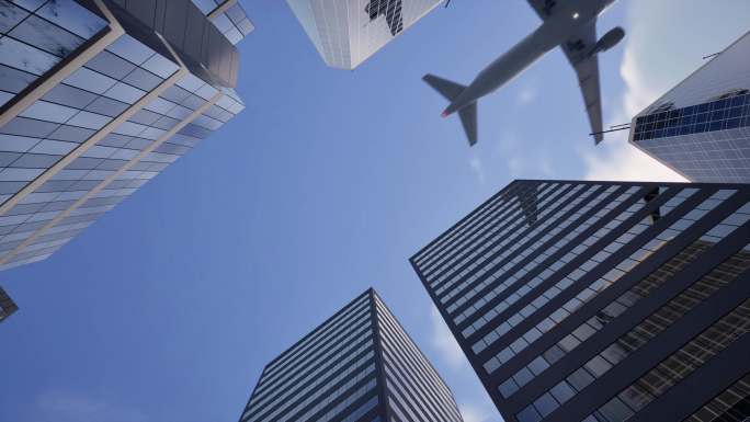 飞机空中飞过城市楼顶大气震撼起飞商务客机