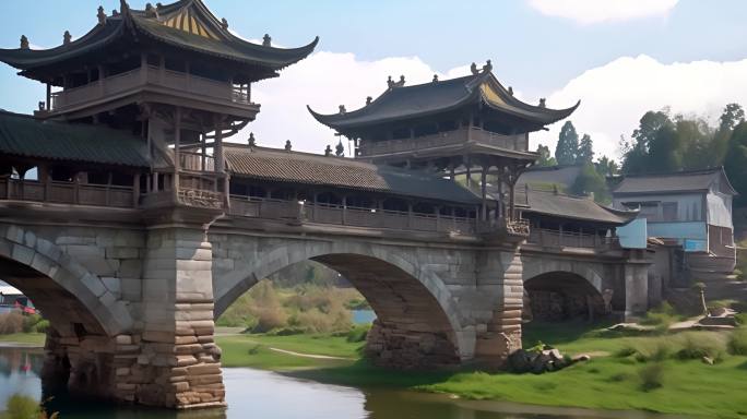 古桥木结构中国传统建筑风景如画历史悠久