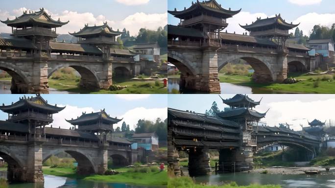 古桥木结构中国传统建筑风景如画历史悠久