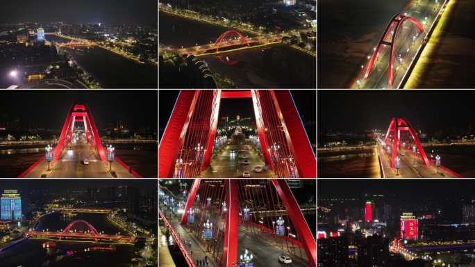 四川德阳旌阳区彩虹桥夜景航拍素材合集
