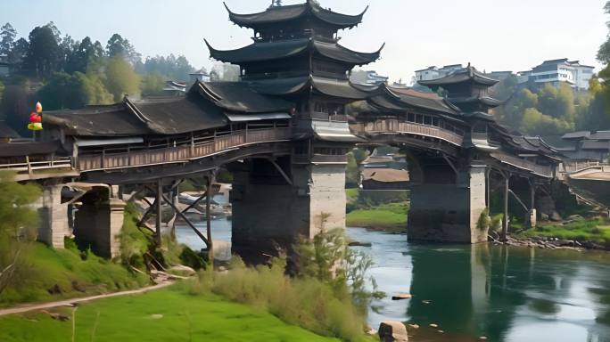 古桥木结构中国传统建筑风景如画历史悠久2