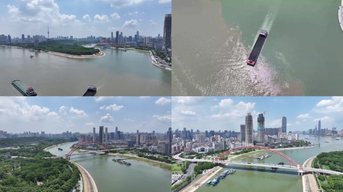 武汉汉江汇入长江城市地标晴川桥风光航拍