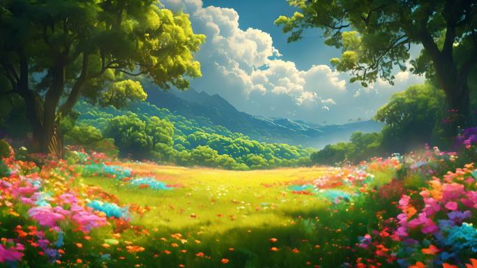 花朵草地树木山丘天空阳光云朵自然风光
