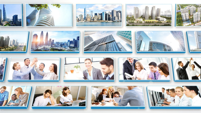 蓝色清新企业商务照片墙三维立体多图展示