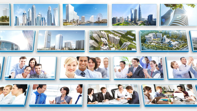 蓝色清新企业商务照片墙三维立体多图展示