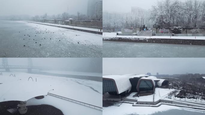 天津雪景素材，天津滨海新区雪景航拍