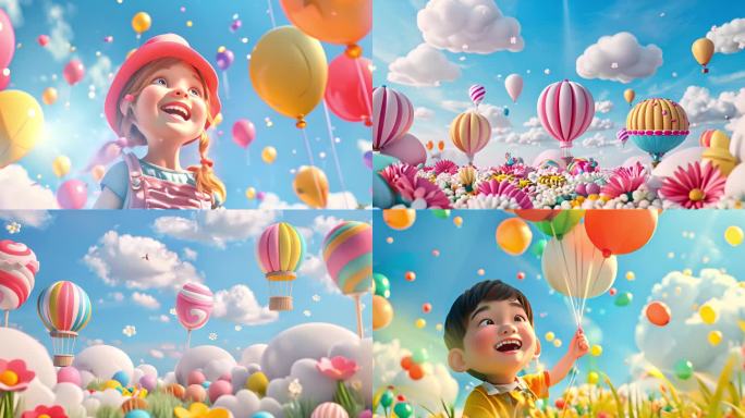 开心的儿童和气球升空卡通动画