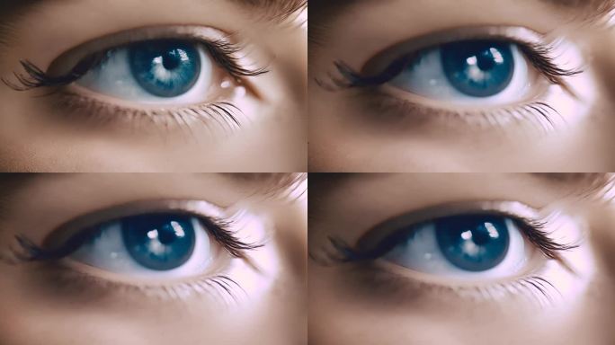 睁开和闪烁的女性眼睛蓝色虹膜和长睫毛