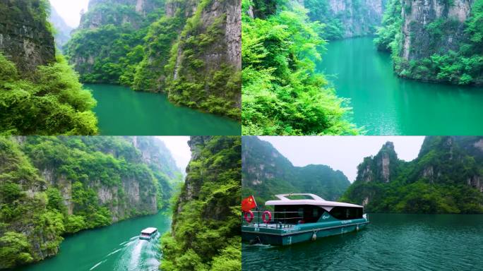 航拍峰林峡绿水青山山水风景游艇湖船4K