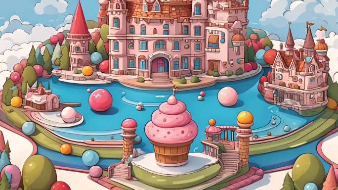 长合集卡通城堡建筑冰淇淋粉色