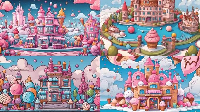 长合集卡通城堡建筑冰淇淋粉色