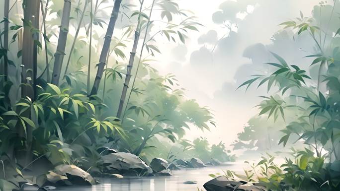 中国风国风竹林意境卡通背景