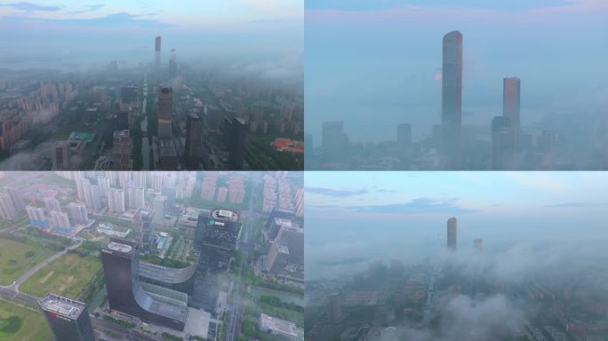 清晨苏州工业园区薄雾下的城市