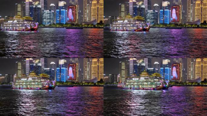 上海北外滩陆家嘴江边夜景游船4K水面空镜